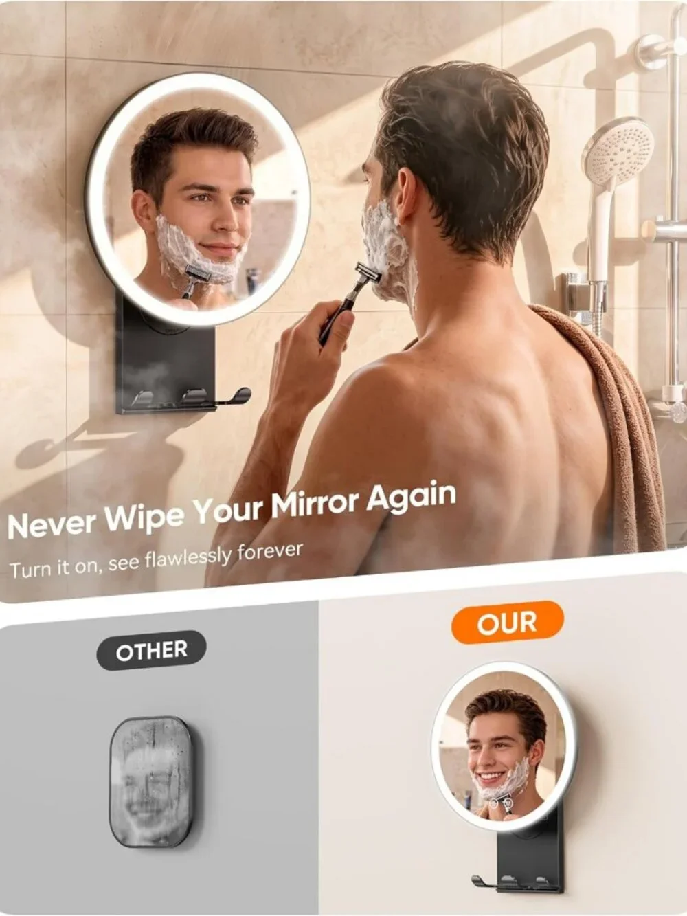 Fogless Heated Shower Mirror for Shaving - Suction Cup Bathroom Accessory